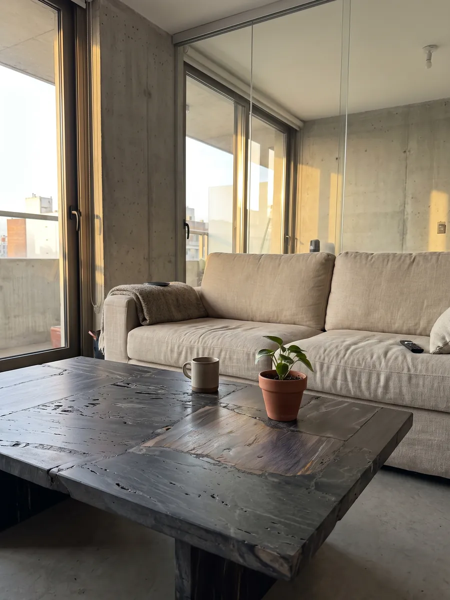 Mesa de centro con cubierta de Madera Petrificada Negra, Corte Inverso en una sala: piezas oscuras de madera petrificada con fibras visibles y un bloque marrón grisáceo al centro