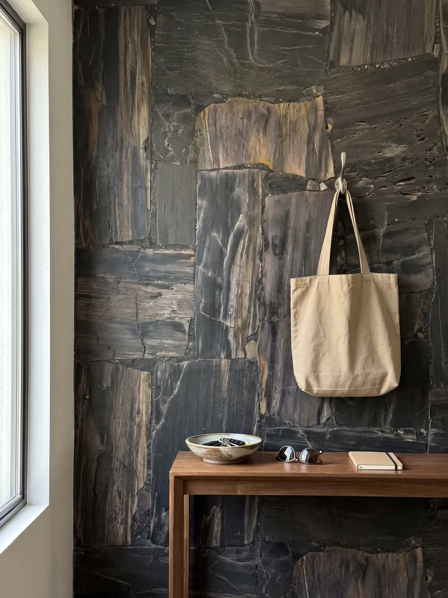 Pared de recibidor revestida con Madera Petrificada Negra, Corte Inverso con consola estrecha: piezas oscuras de madera petrificada con fibras visibles y un bloque marrón grisáceo al centro