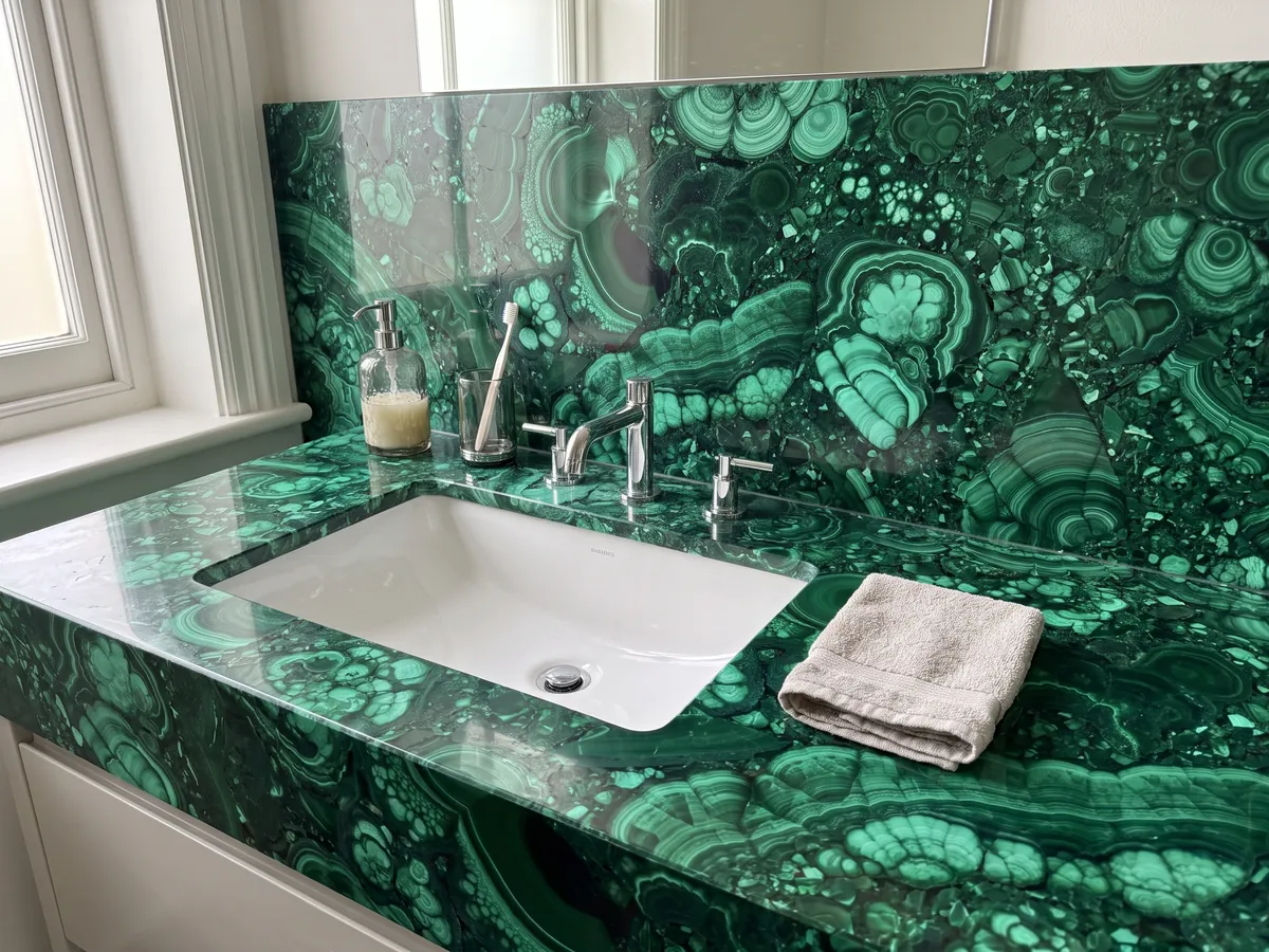 Cubierta de lavabo y pared de baño en Malaquita con lavamanos blanco y grifería cromada: verde esmeralda con bandas concéntricas claras y oscuras y círculos