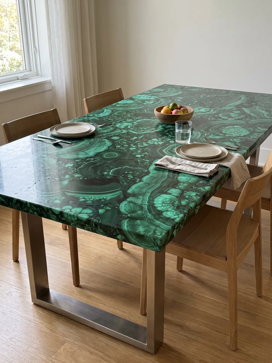 Mesa de comedor con cubierta de Malaquita sobre base de acero: verde esmeralda con bandas concéntricas claras y oscuras y círculos
