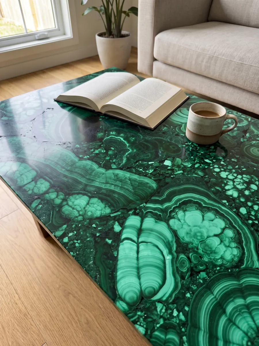 Mesa de centro con cubierta de Malaquita en una sala: verde esmeralda con bandas concéntricas claras y oscuras y círculos
