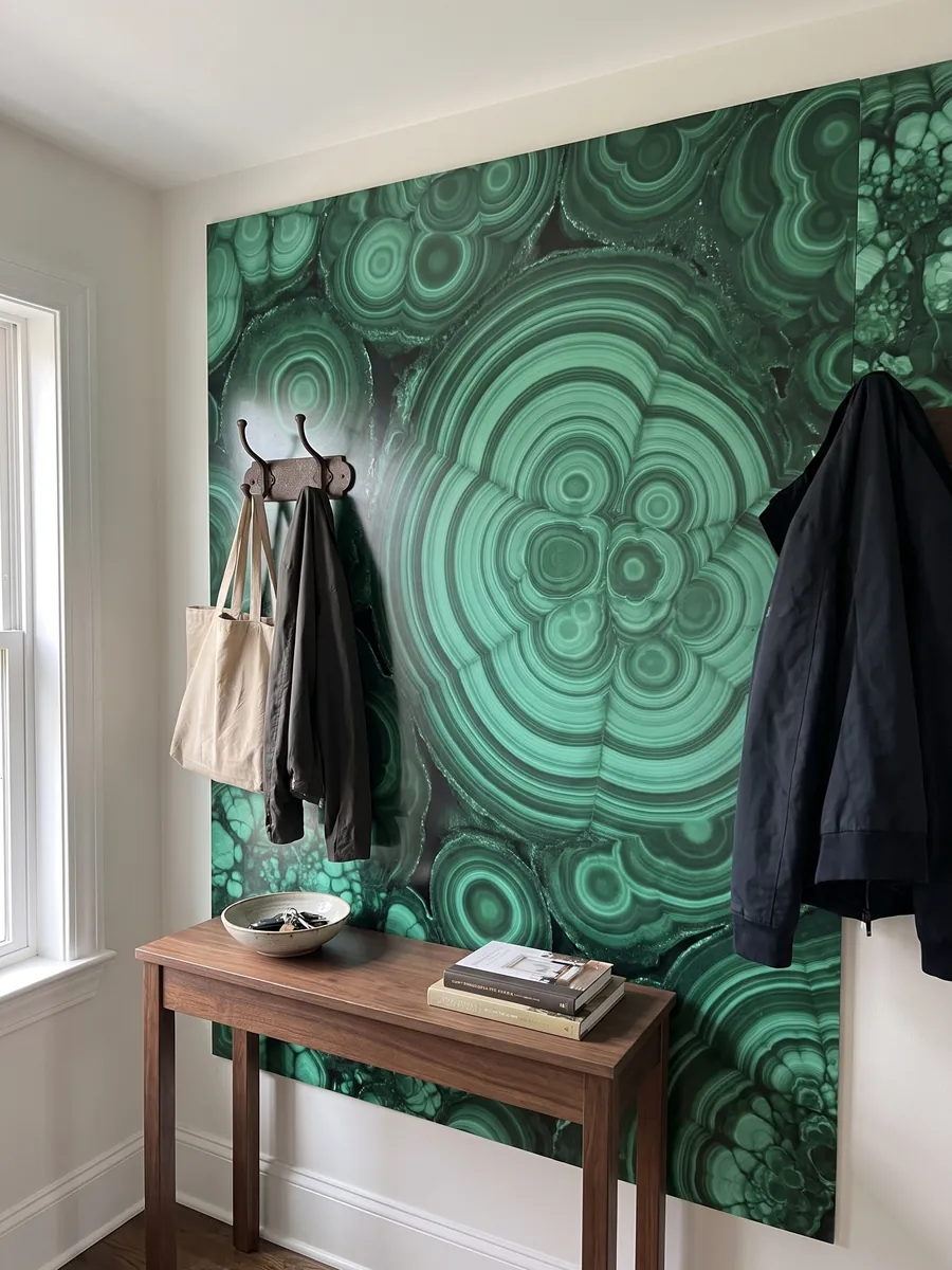 Pared de recibidor revestida con Malaquita con consola estrecha: verde esmeralda con bandas concéntricas claras y oscuras y círculos