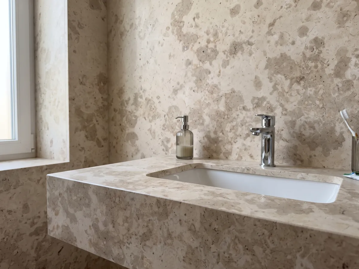 Cubierta de lavabo y pared de baño en Mármol Amarillo D’Istria con lavamanos blanco y grifería cromada: manchas beige grisáceas tipo nube sobre crema, con pequeños poros visibles