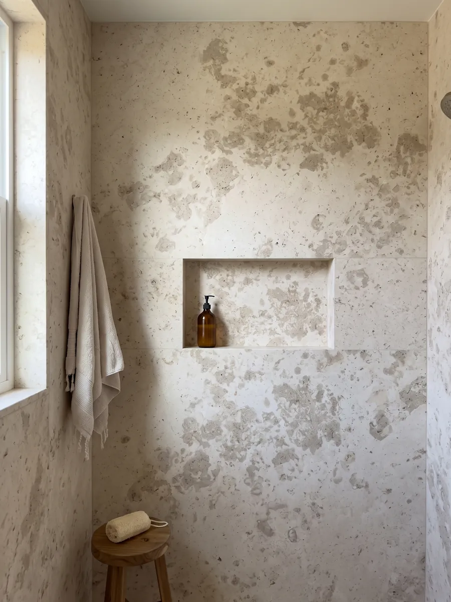 Ducha revestida con placas enteras de Mármol Amarillo D’Istria con nicho empotrado: manchas beige grisáceas tipo nube sobre crema, con pequeños poros visibles
