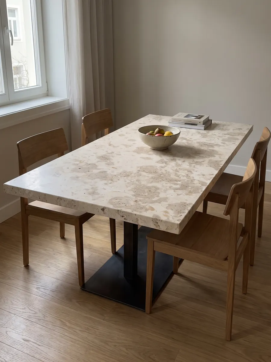 Mesa de comedor con cubierta de Mármol Amarillo D’Istria sobre base de acero: manchas beige grisáceas tipo nube sobre crema, con pequeños poros visibles