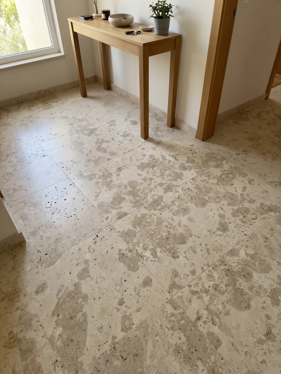 Piso de recibidor en placas grandes de Mármol Amarillo D’Istria con luz natural: manchas beige grisáceas tipo nube sobre crema, con pequeños poros visibles