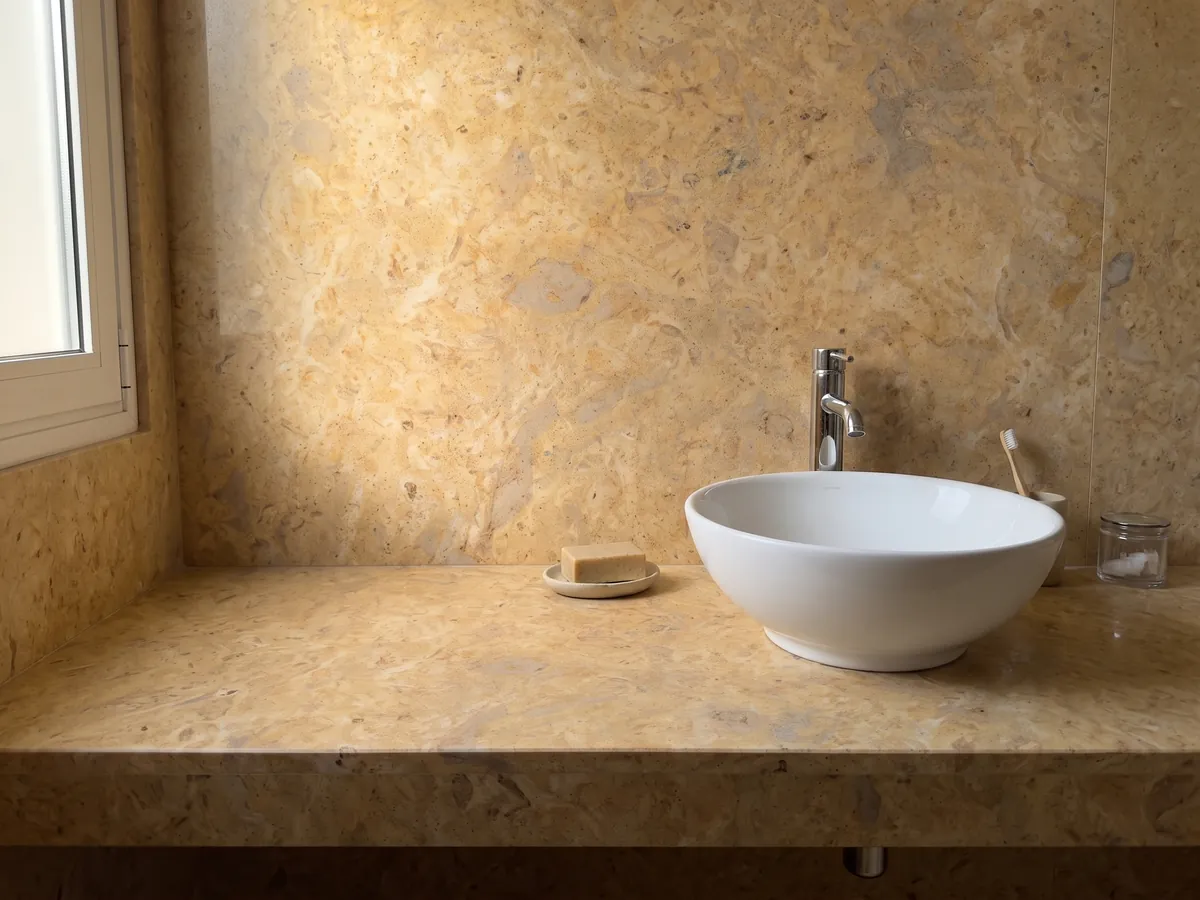 Cubierta de lavabo y pared de baño en Mármol Amarillo Provenza con lavamanos blanco y grifería cromada: ocre dorado cálido y nublado, con manchas grisáceas suaves y textura de piedra