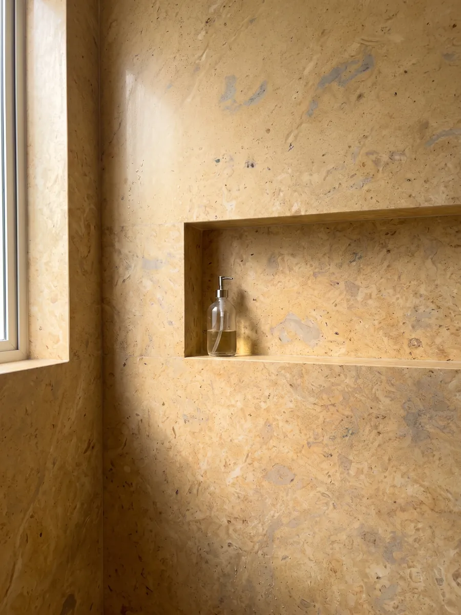Ducha revestida con placas enteras de Mármol Amarillo Provenza con nicho empotrado: ocre dorado cálido y nublado, con manchas grisáceas suaves y textura de piedra