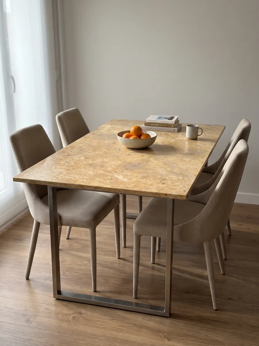 Mesa de comedor con cubierta de Mármol Amarillo Provenza sobre base de acero: ocre dorado cálido y nublado, con manchas grisáceas suaves y textura de piedra