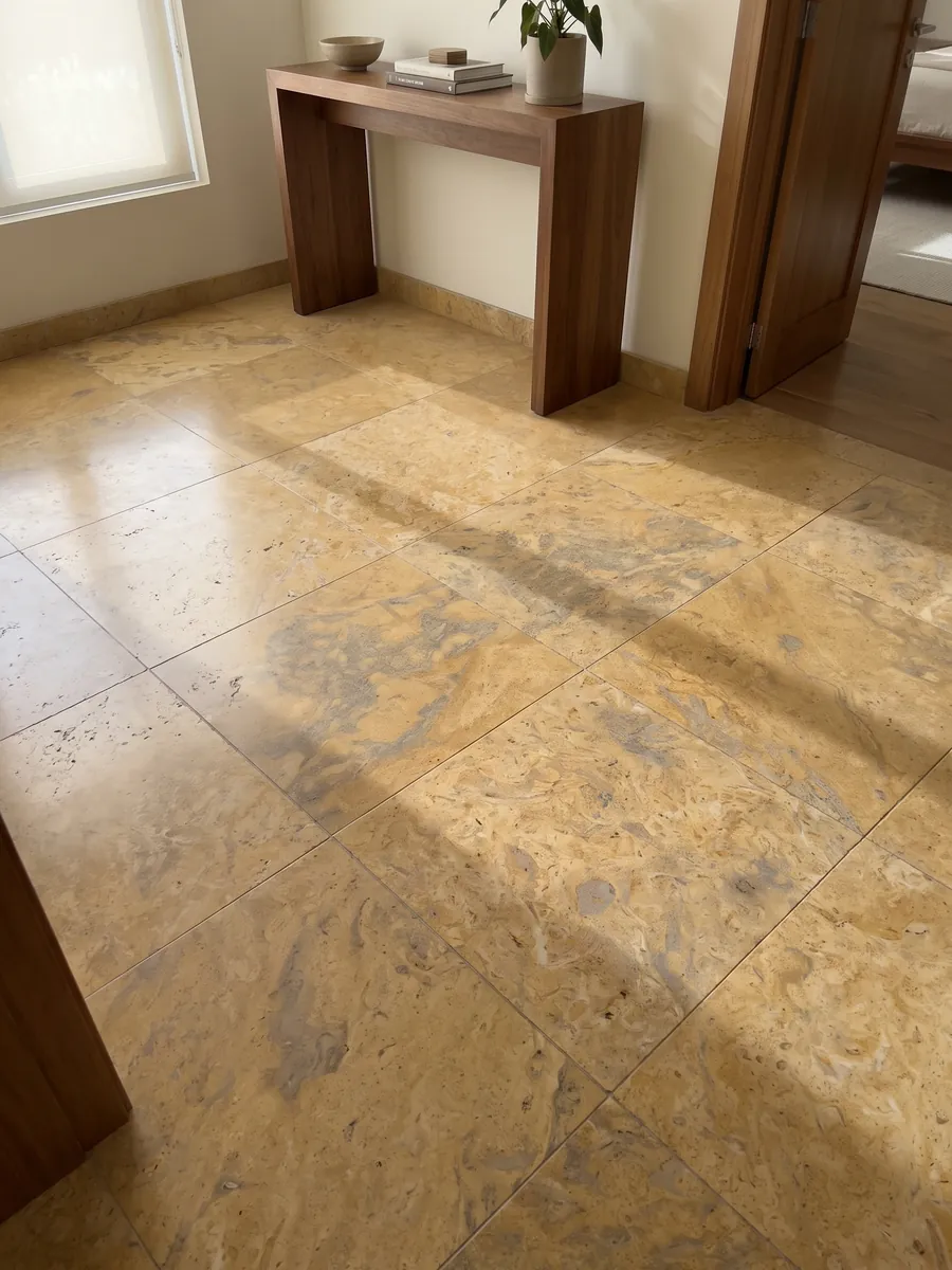 Piso de recibidor en placas grandes de Mármol Amarillo Provenza con luz natural: ocre dorado cálido y nublado, con manchas grisáceas suaves y textura de piedra