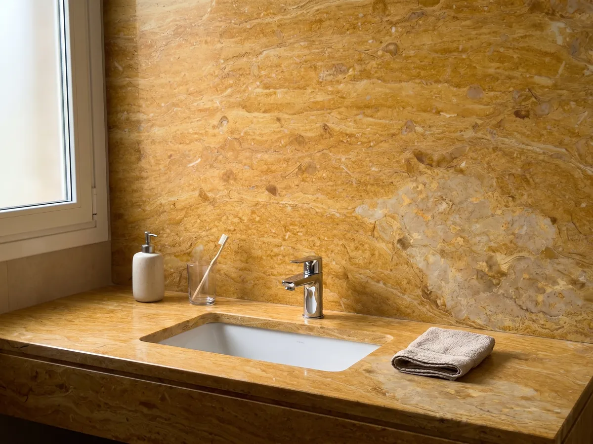 Cubierta de lavabo y pared de baño en Mármol Amarillo Real con lavamanos blanco y grifería cromada: amarillo ocre intenso con bandas horizontales finas y una zona beige clara abajo a la derecha