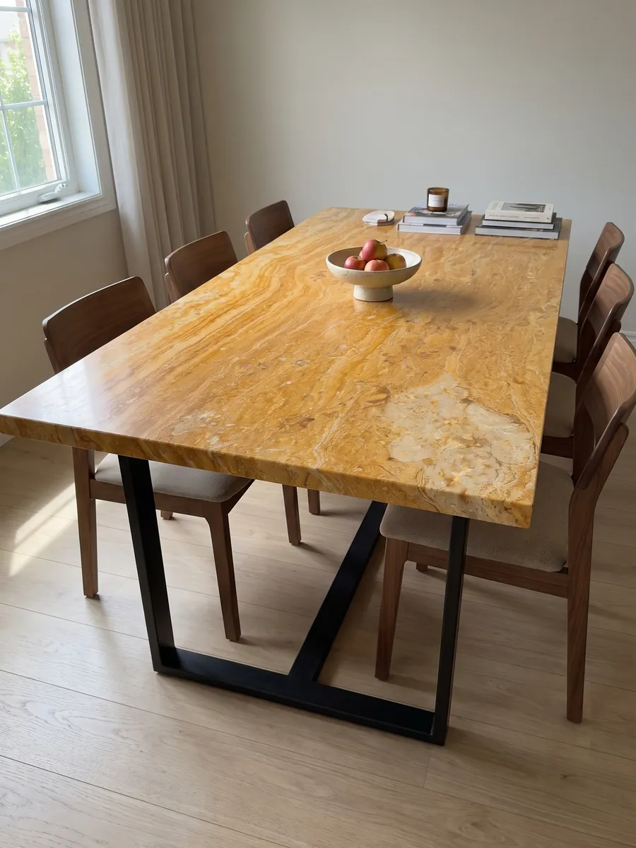 Mesa de comedor con cubierta de Mármol Amarillo Real sobre base de acero: amarillo ocre intenso con bandas horizontales finas y una zona beige clara abajo a la derecha