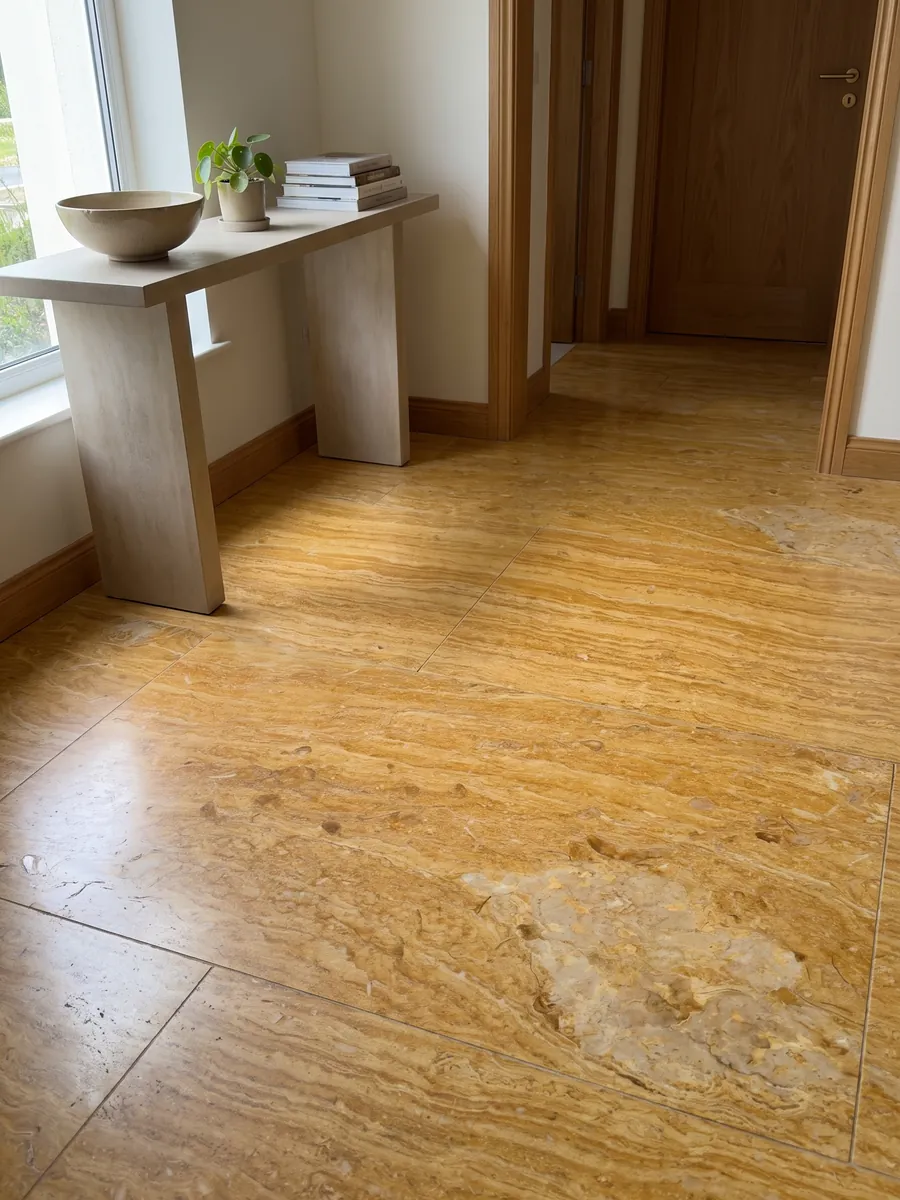 Piso de recibidor en placas grandes de Mármol Amarillo Real con luz natural: amarillo ocre intenso con bandas horizontales finas y una zona beige clara abajo a la derecha