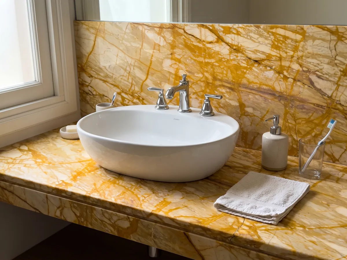 Cubierta de lavabo y pared de baño en Mármol Amarillo Siena con lavamanos blanco y grifería cromada: red muy densa de vetas amarillo intenso que cubre casi todo el fondo crema