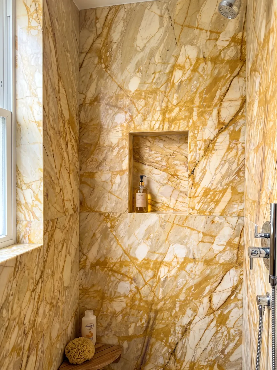 Ducha revestida con placas enteras de Mármol Amarillo Siena con nicho empotrado: red muy densa de vetas amarillo intenso que cubre casi todo el fondo crema