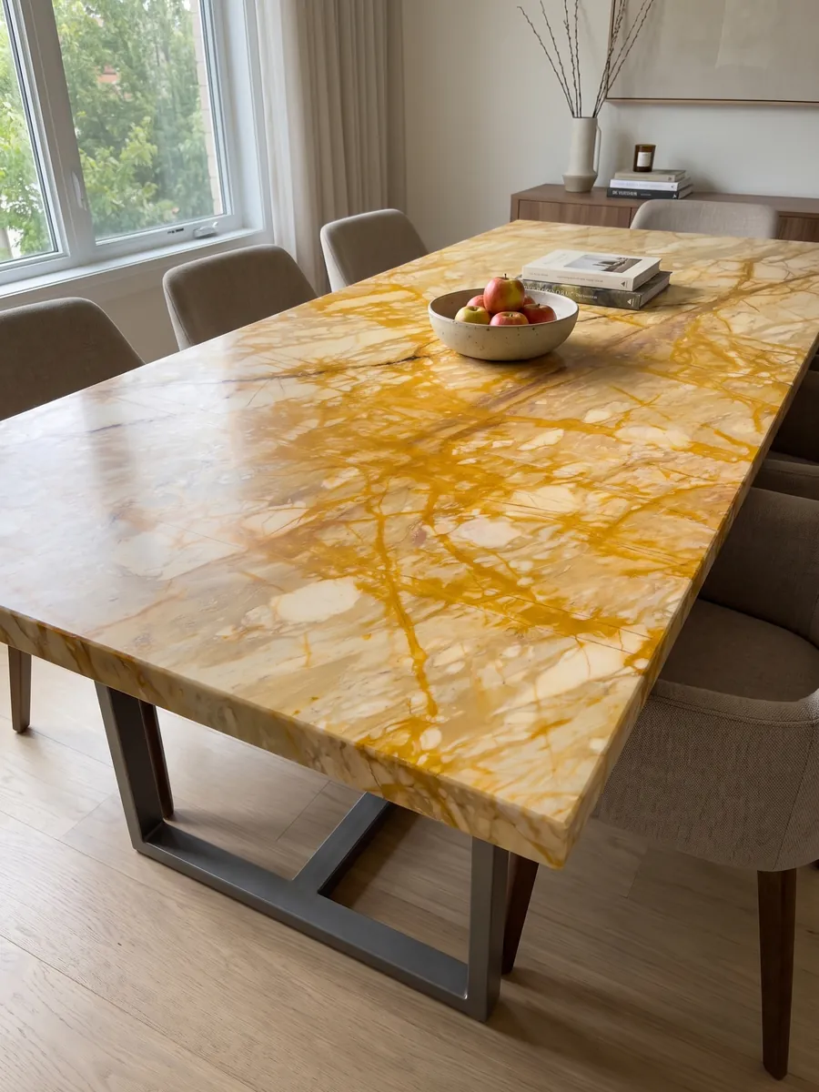 Mesa de comedor con cubierta de Mármol Amarillo Siena sobre base de acero: red muy densa de vetas amarillo intenso que cubre casi todo el fondo crema
