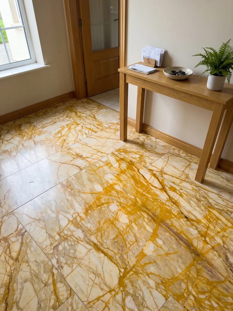 Piso de recibidor en placas grandes de Mármol Amarillo Siena con luz natural: red muy densa de vetas amarillo intenso que cubre casi todo el fondo crema