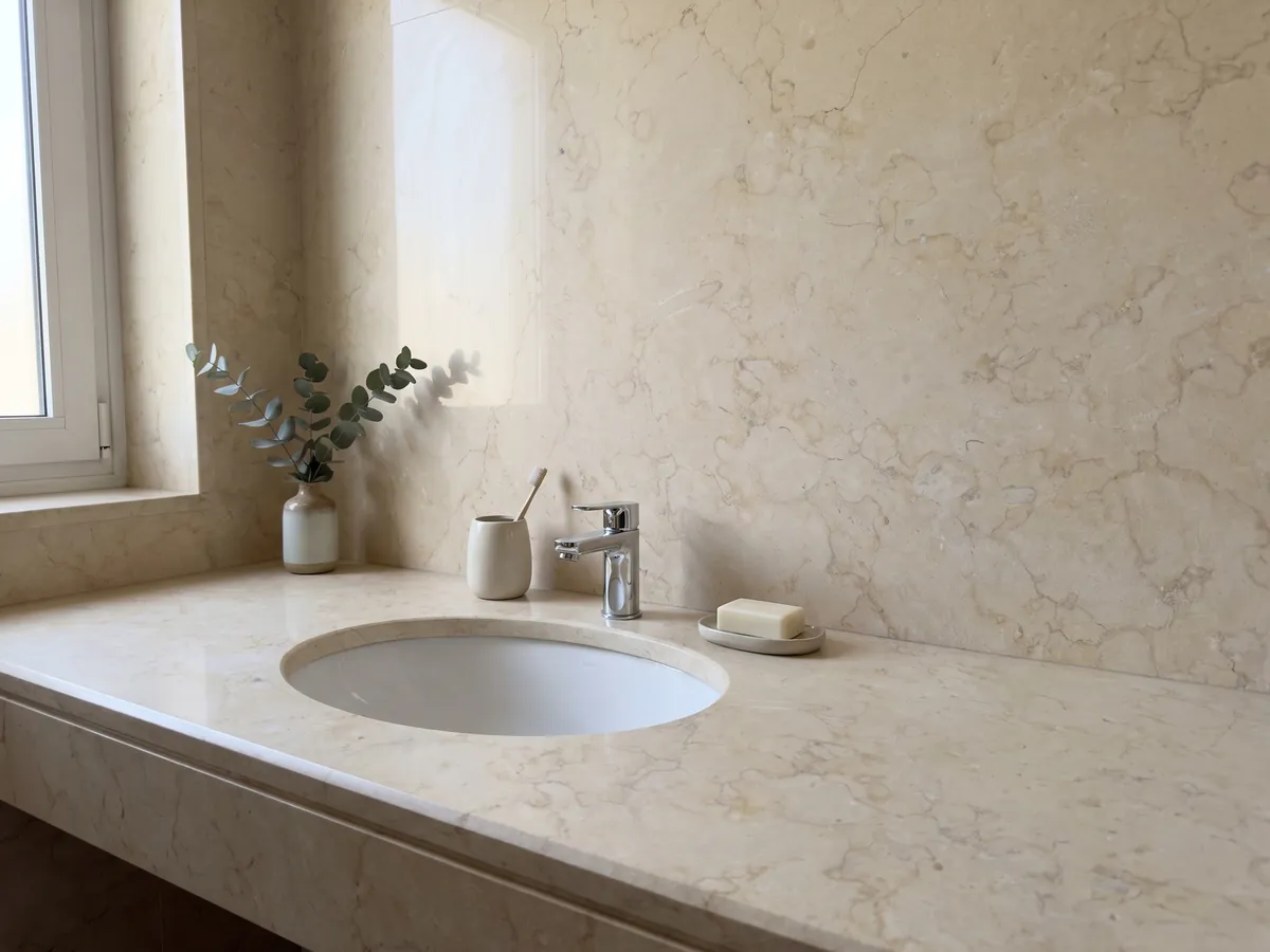 Cubierta de lavabo y pared de baño en Mármol Amarillo Silvia Oro con lavamanos blanco y grifería cromada: amarillo pálido muy uniforme con un dibujo fino de líneas claras apenas visible