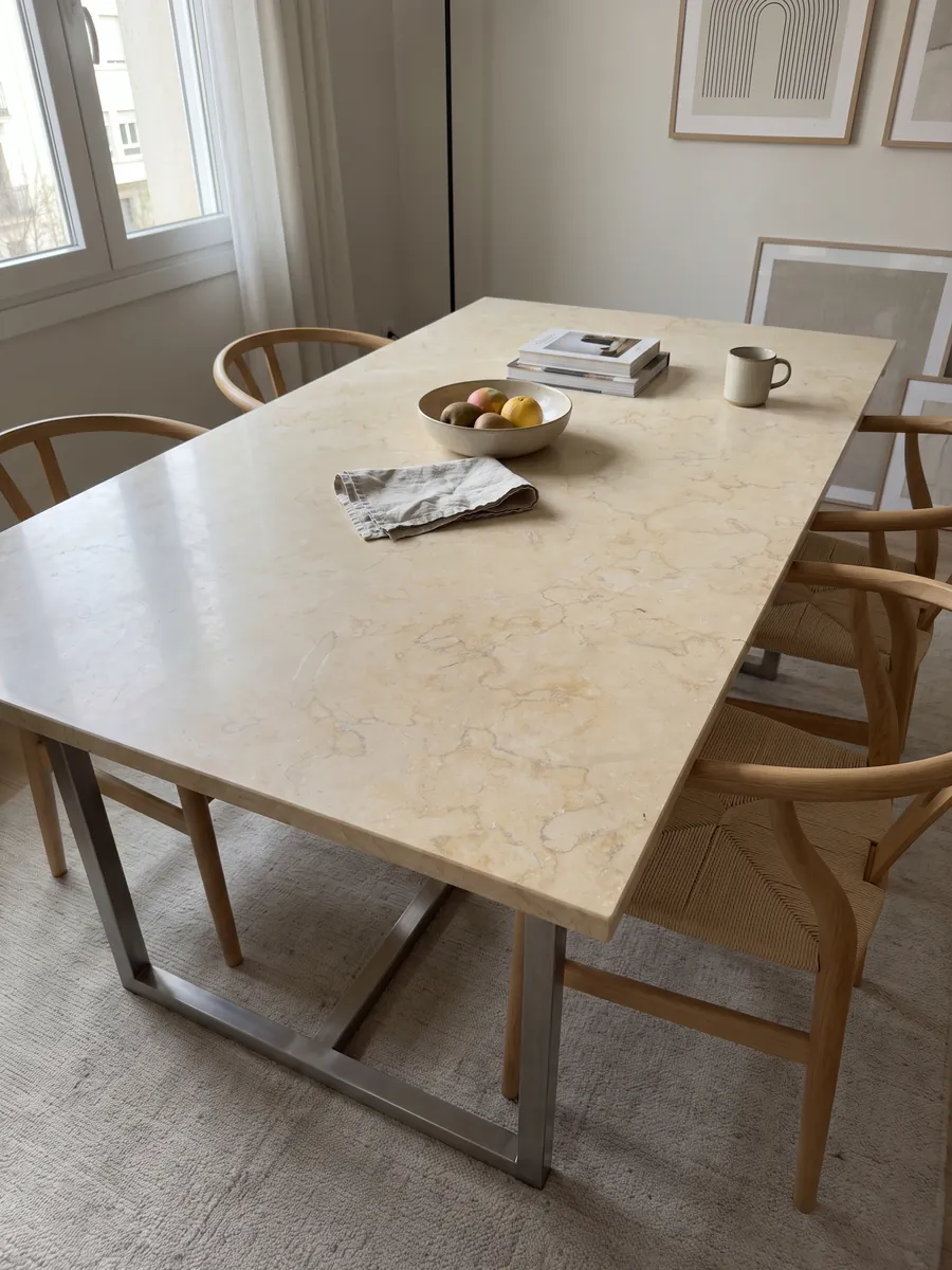 Mesa de comedor con cubierta de Mármol Amarillo Silvia Oro sobre base de acero: amarillo pálido muy uniforme con un dibujo fino de líneas claras apenas visible