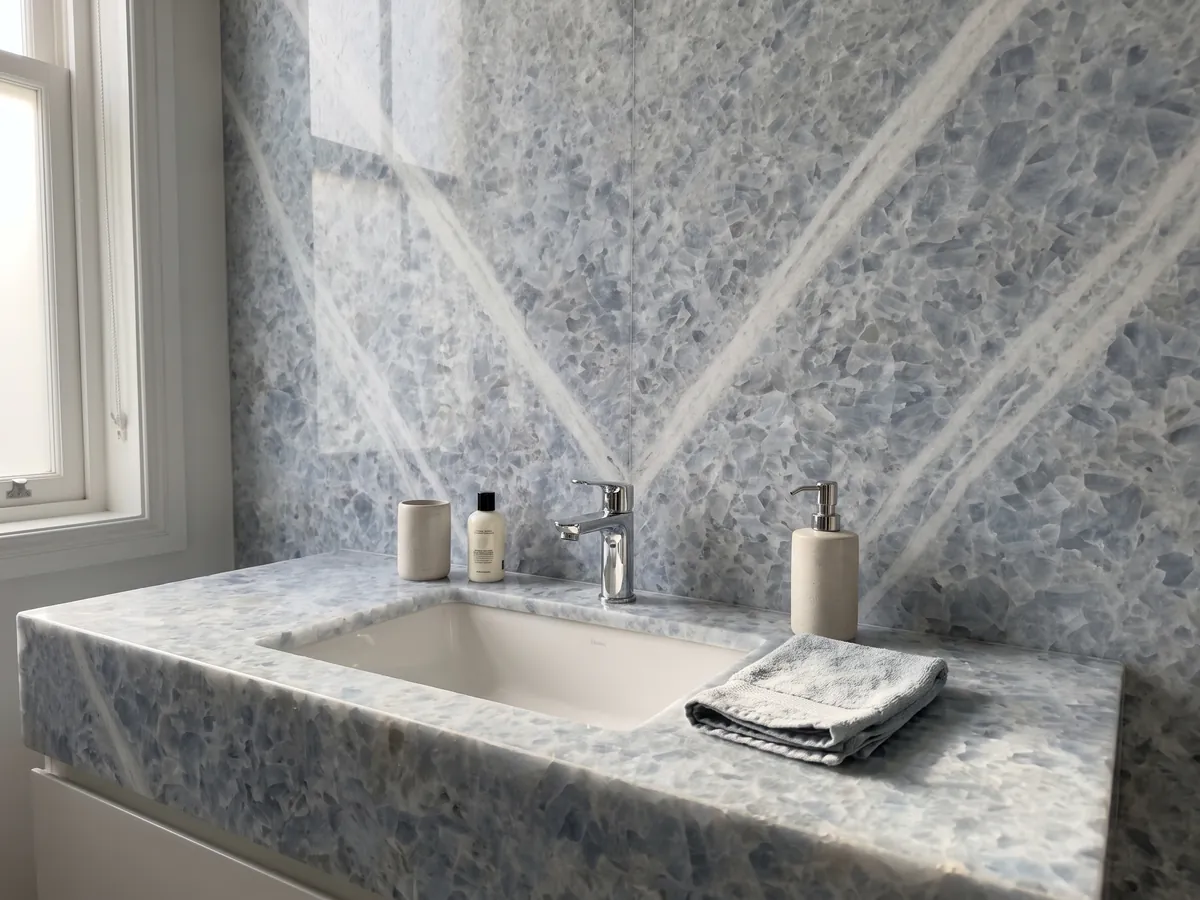 Cubierta de lavabo y pared de baño en Mármol Azul Calcite con lavamanos blanco y grifería cromada: cristales gruesos azul grisáceo sobre blanco, con una franja más blanca en diagonal