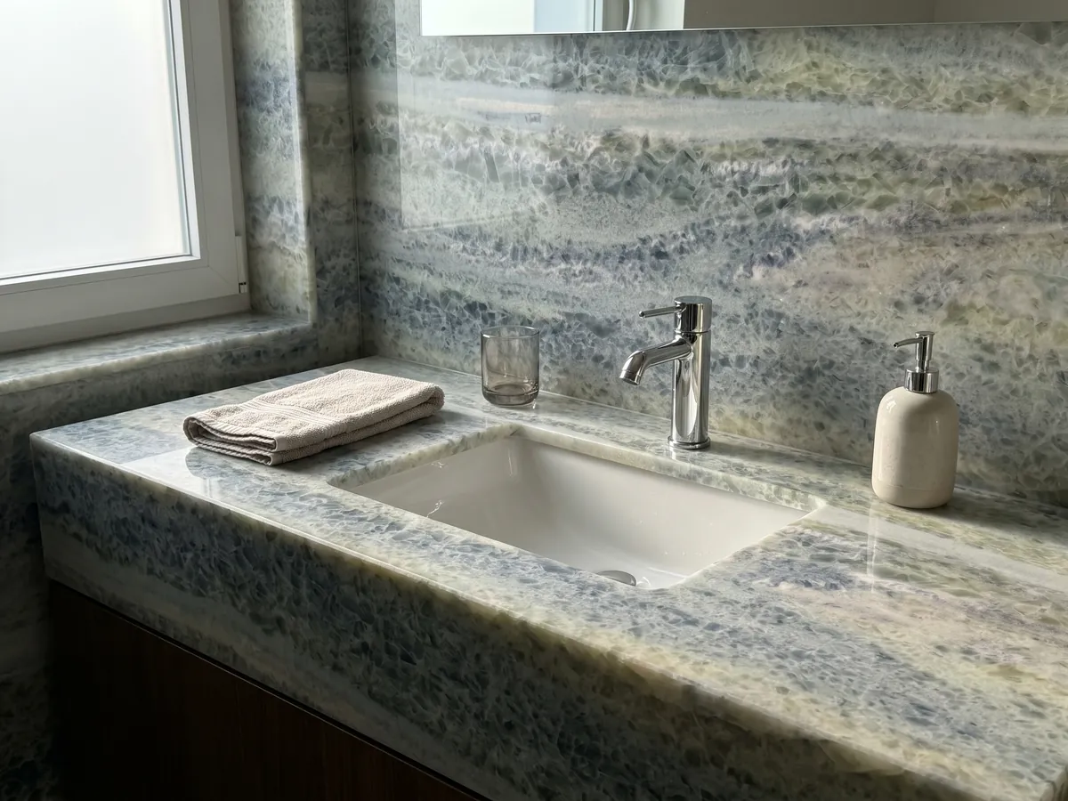 Cubierta de lavabo y pared de baño en mármol azul Calcite Caraibica con lavamanos blanco y grifería cromada: bandas horizontales de cristales gris azulado, verde salvia y beige