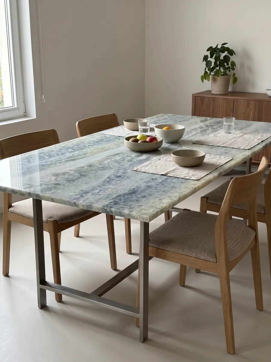 Mesa de comedor con cubierta de mármol azul Calcite Caraibica sobre base de acero: bandas horizontales de cristales gris azulado, verde salvia y beige