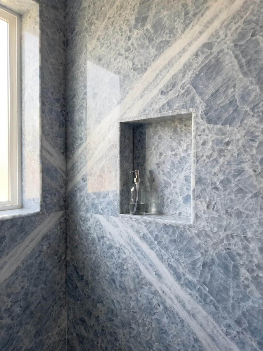 Ducha revestida con placas enteras de Mármol Azul Calcite con nicho empotrado: cristales gruesos azul grisáceo sobre blanco, con una franja más blanca en diagonal