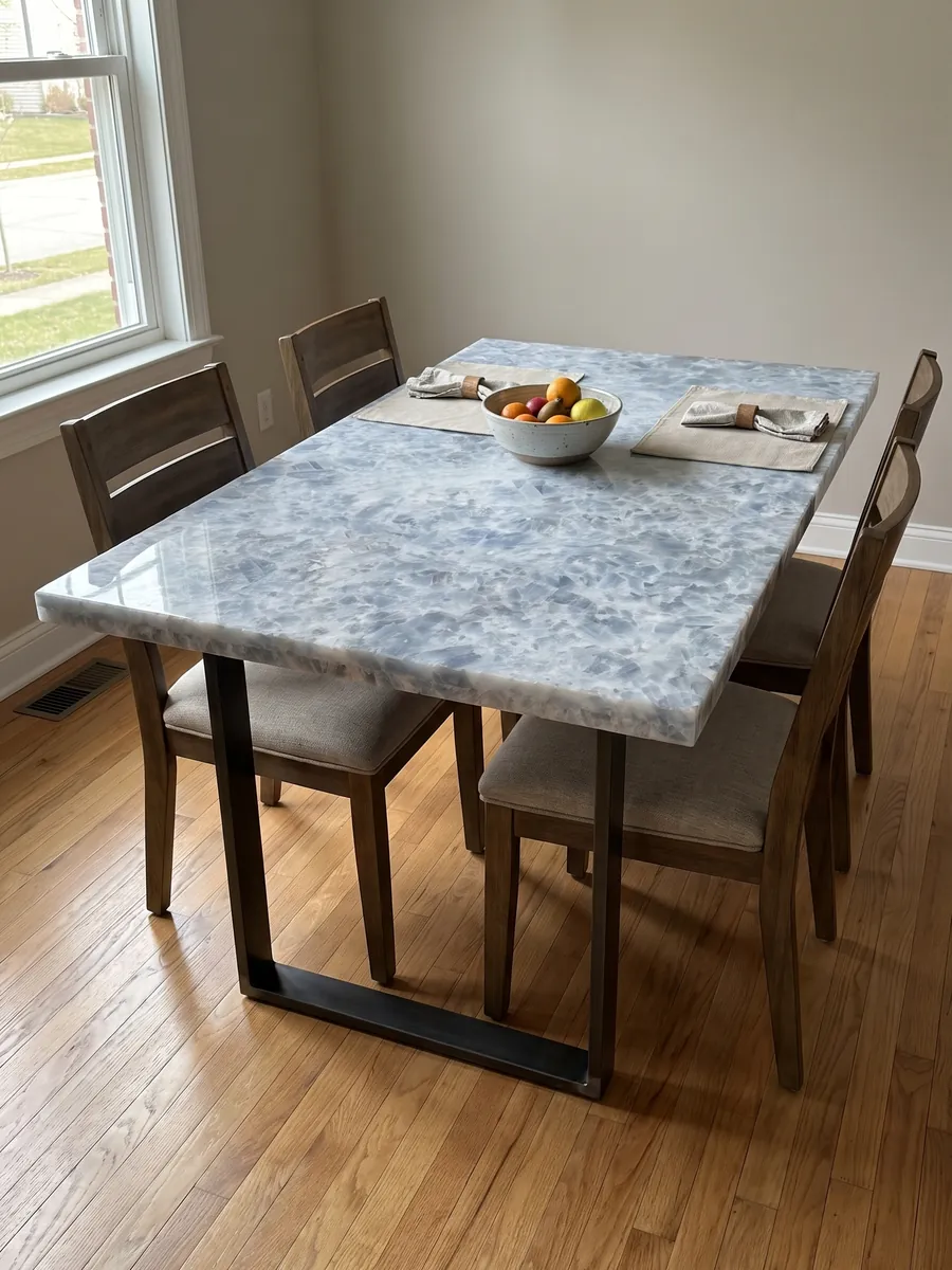 Mesa de comedor con cubierta de Mármol Azul Calcite sobre base de acero: cristales gruesos azul grisáceo sobre blanco, con una franja más blanca en diagonal