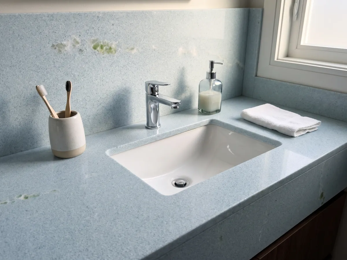 Cubierta de lavabo y pared de baño en Mármol Azul Cielo con lavamanos blanco y grifería cromada: celeste pálido casi uniforme de grano fino, con una inclusión verde a la izquierda