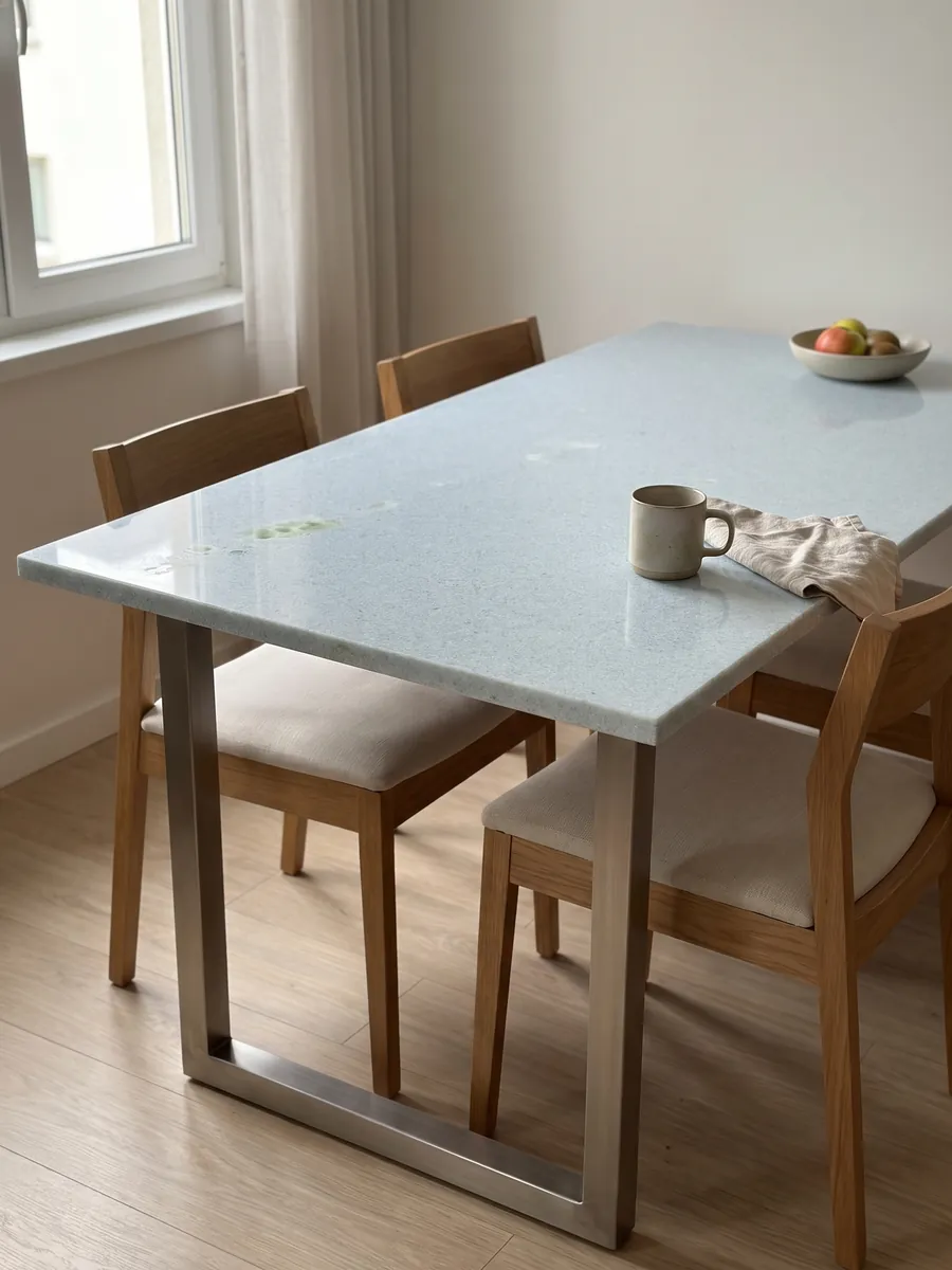 Mesa de comedor con cubierta de Mármol Azul Cielo sobre base de acero: celeste pálido casi uniforme de grano fino, con una inclusión verde a la izquierda