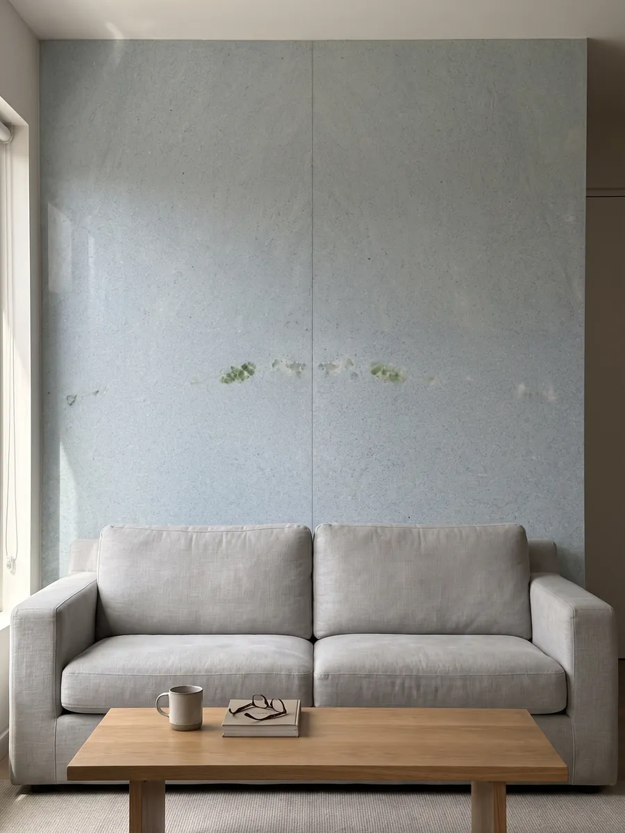 Pared de sala revestida con placas de Mármol Azul Cielo abiertas en libro detrás de un sofá: celeste pálido casi uniforme de grano fino, con una inclusión verde a la izquierda