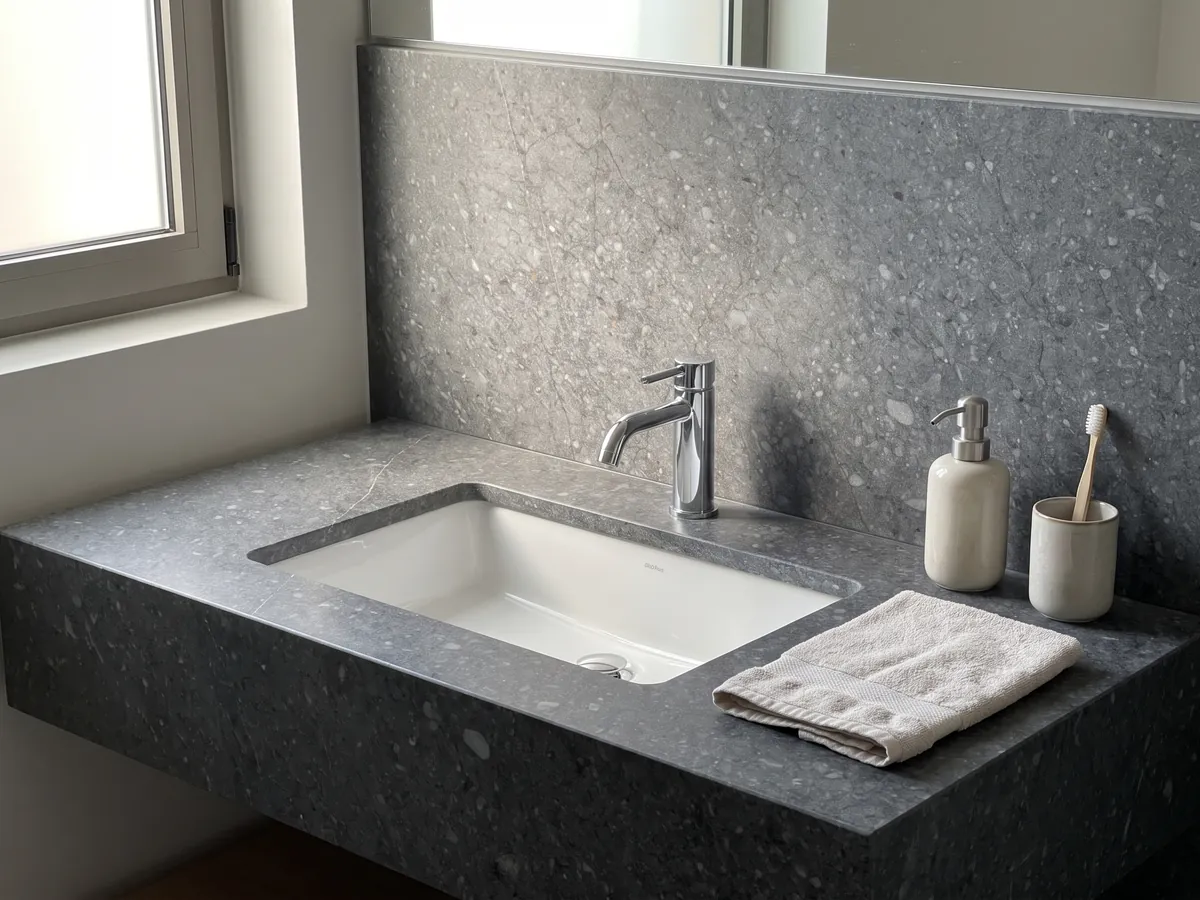Cubierta de lavabo y pared de baño en Mármol Azul Masaccio con lavamanos blanco y grifería cromada: gris oscuro uniforme con pequeñas motas y fragmentos grises más claros