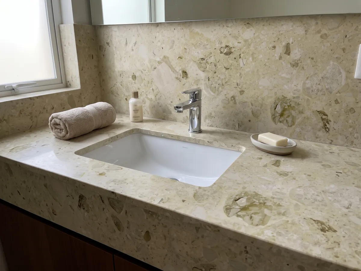 Cubierta de lavabo y pared de baño en mármol beige Alma con lavamanos blanco y grifería cromada: fondo crema verdoso con inclusiones fósiles oliva dispersas y suaves
