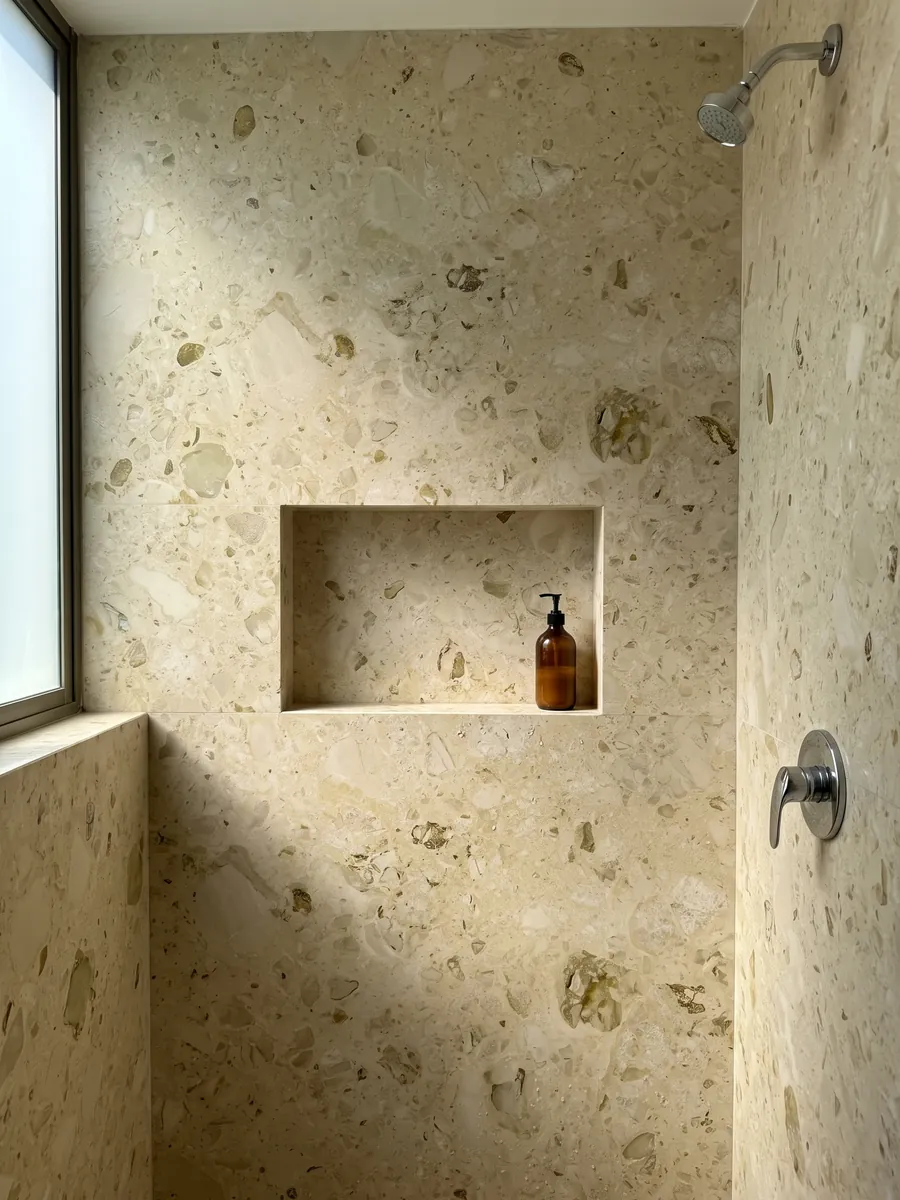 Ducha revestida con placas enteras de mármol beige Alma con nicho empotrado: fondo crema verdoso con inclusiones fósiles oliva dispersas y suaves