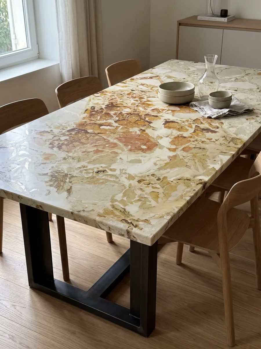 Mesa de comedor con cubierta de mármol beige Alma Fuoco sobre base de acero: manchas ocre y óxido de bordes recortados que se agrupan en la parte superior central