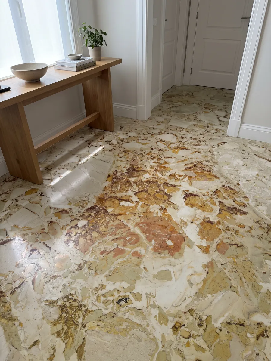 Piso de recibidor en placas grandes de mármol beige Alma Fuoco con luz natural: manchas ocre y óxido de bordes recortados que se agrupan en la parte superior central