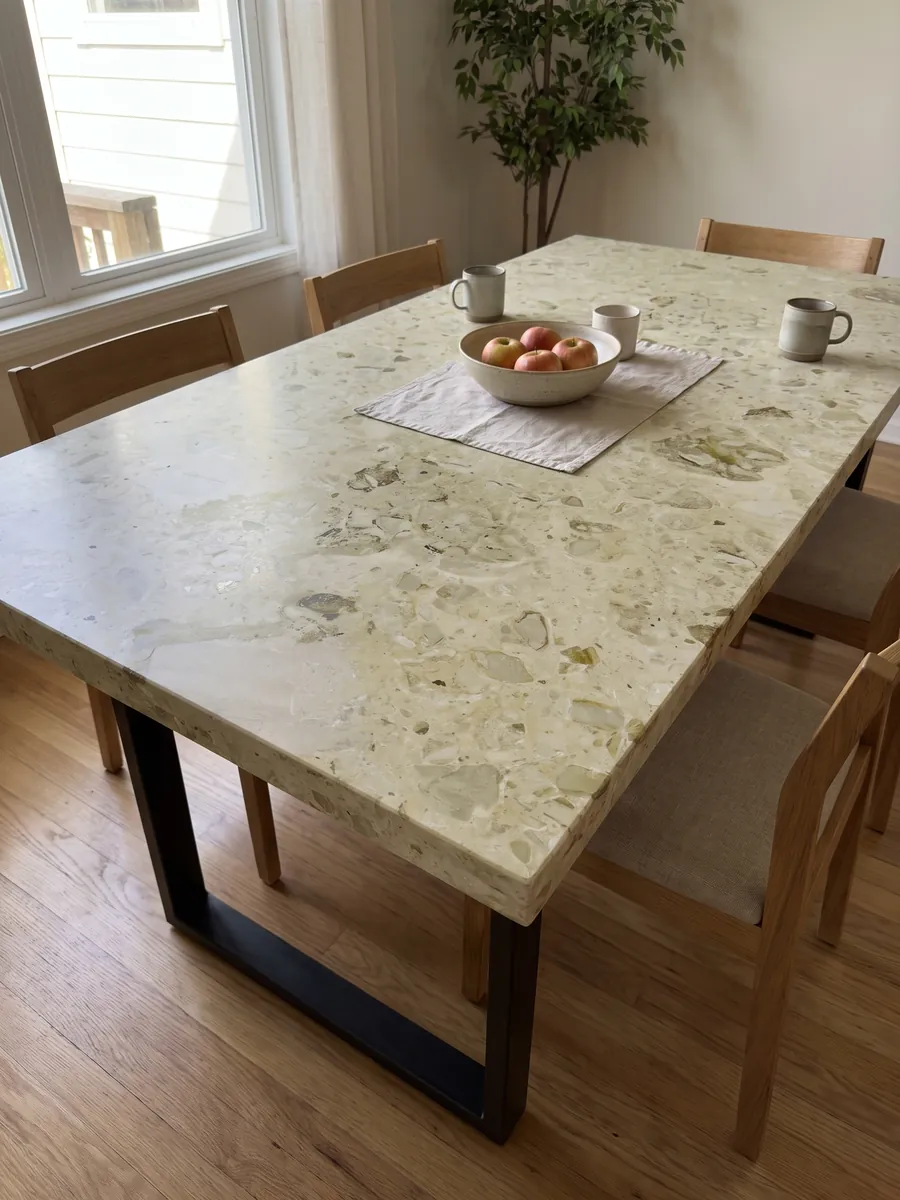 Mesa de comedor con cubierta de mármol beige Alma sobre base de acero: fondo crema verdoso con inclusiones fósiles oliva dispersas y suaves