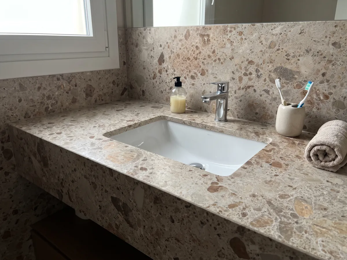 Cubierta de lavabo y pared de baño en mármol beige Ambrosia con lavamanos blanco y grifería cromada: matriz beige con fragmentos redondeados marrones y óxido de varios tamaños