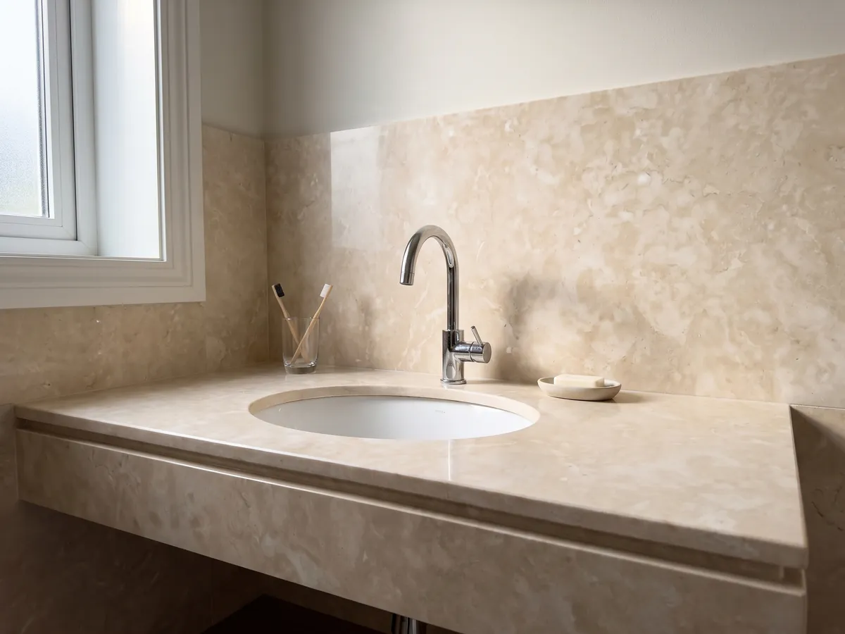 Cubierta de lavabo y pared de baño en mármol beige Botticino con lavamanos blanco y grifería cromada: crema cálido casi uniforme con nubes suaves