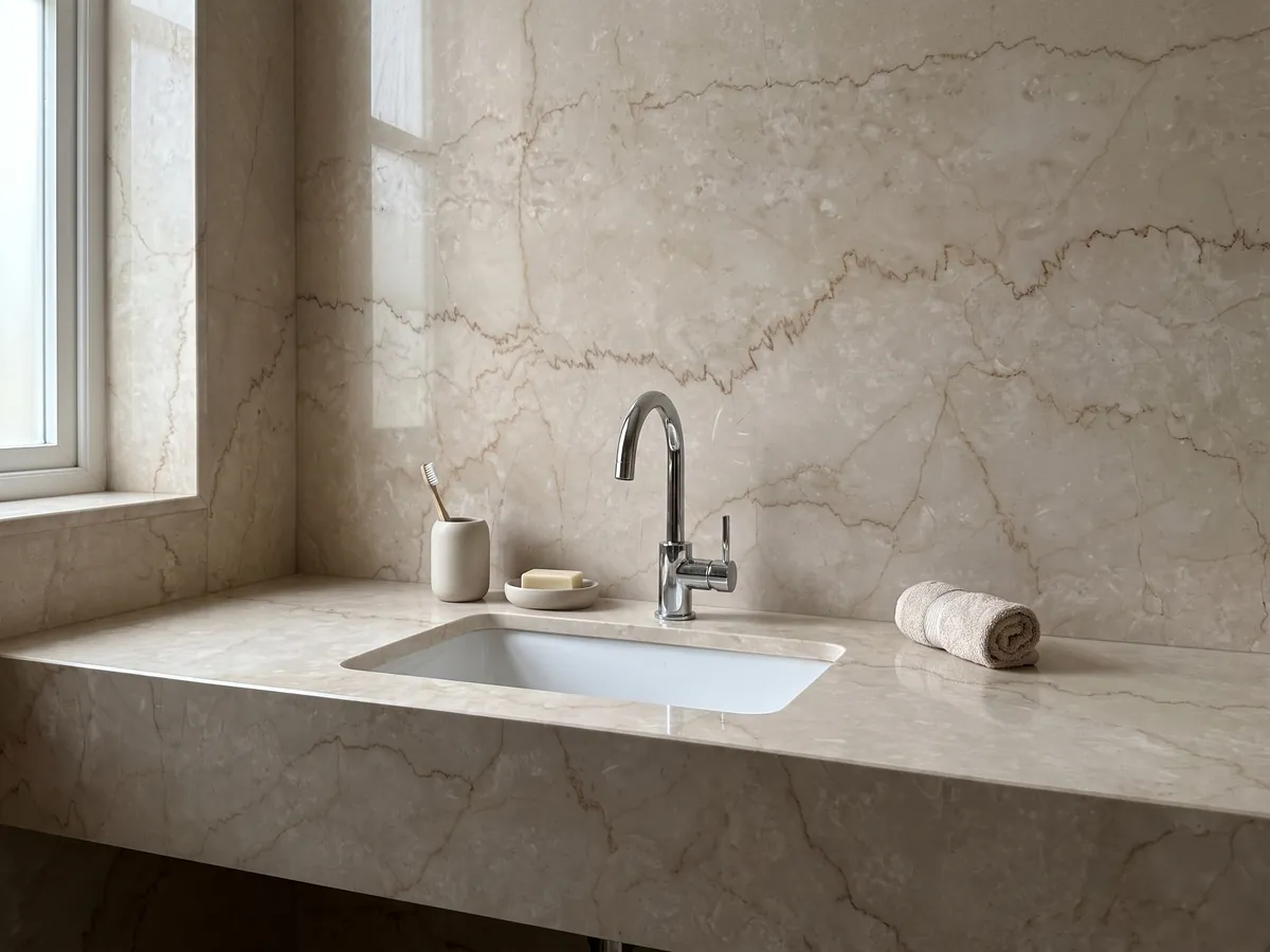 Cubierta de lavabo y pared de baño en mármol beige Botticino Classico con lavamanos blanco y grifería cromada: beige con vetas finas dentadas marrón claro que lo cruzan horizontalmente