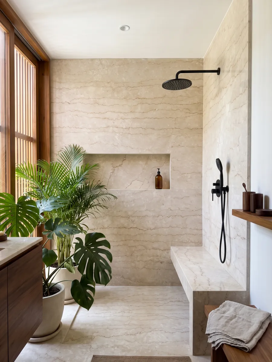 Ducha revestida con placas enteras de mármol beige Botticino Classico con nicho empotrado: beige con vetas finas dentadas marrón claro que lo cruzan horizontalmente