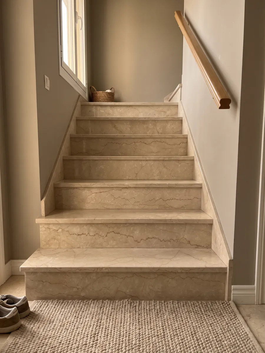 Escalera interior con peldaños de mármol beige Botticino Classico con pasamanos: beige con vetas finas dentadas marrón claro que lo cruzan horizontalmente