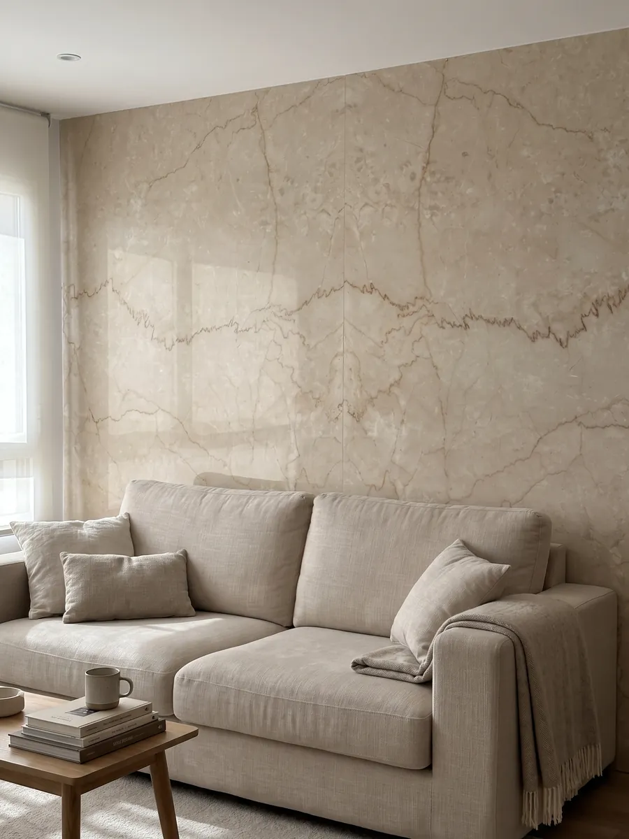 Pared de sala revestida con placas de mármol beige Botticino Classico abiertas en libro detrás de un sofá: beige con vetas finas dentadas marrón claro que lo cruzan horizontalmente