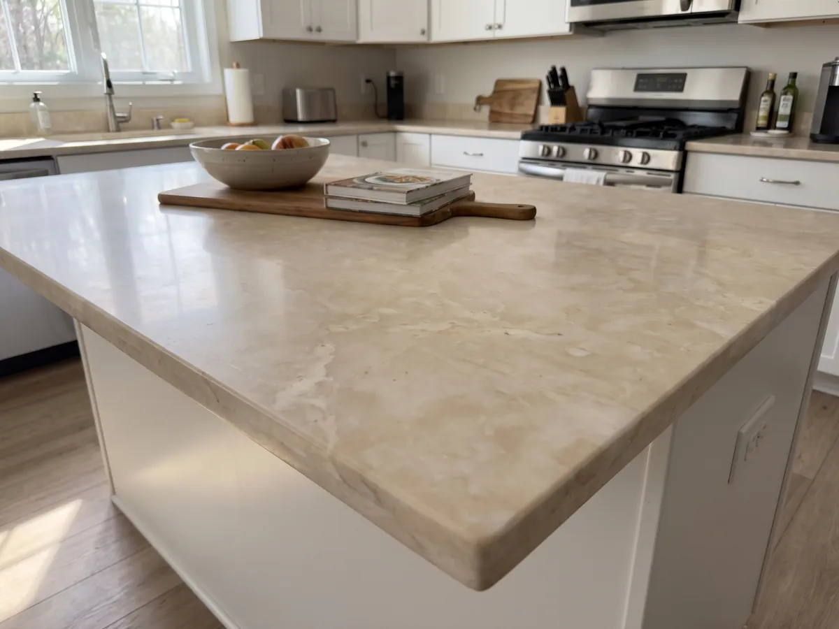 Isla de cocina con cubierta de mármol beige Botticino y canto recto en una cocina con luz natural: crema cálido casi uniforme con nubes suaves