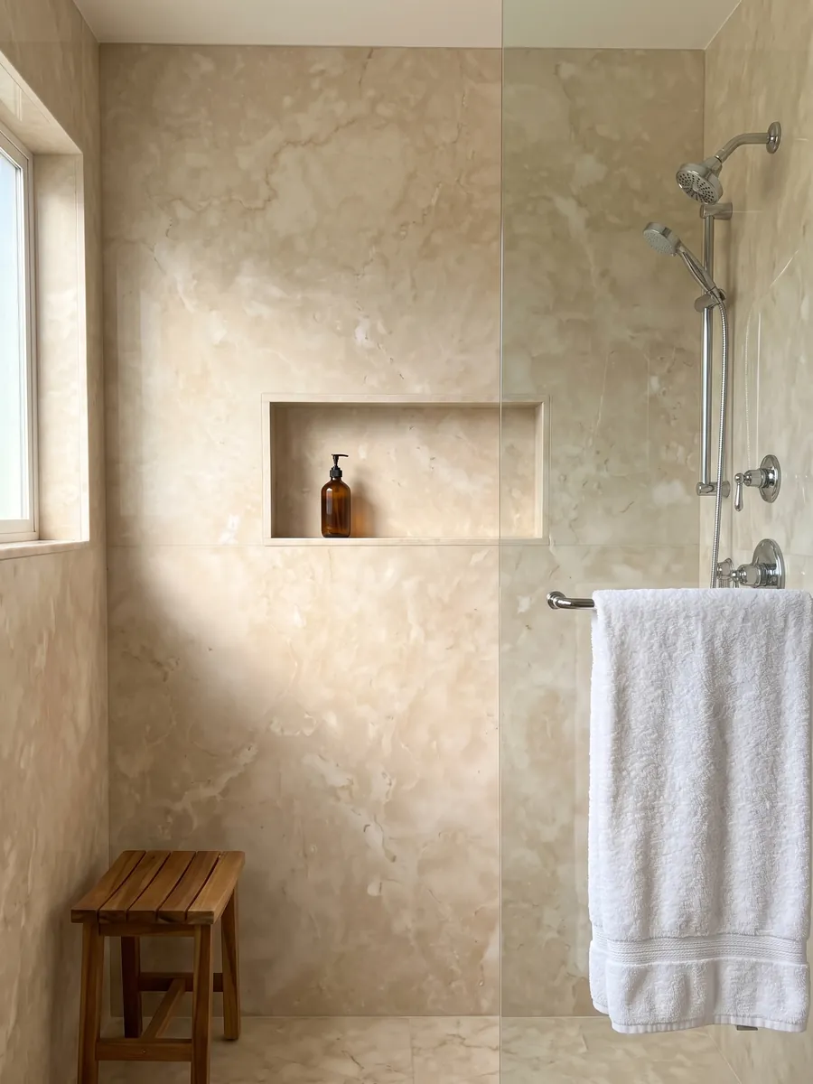 Ducha revestida con placas enteras de mármol beige Botticino con nicho empotrado: crema cálido casi uniforme con nubes suaves