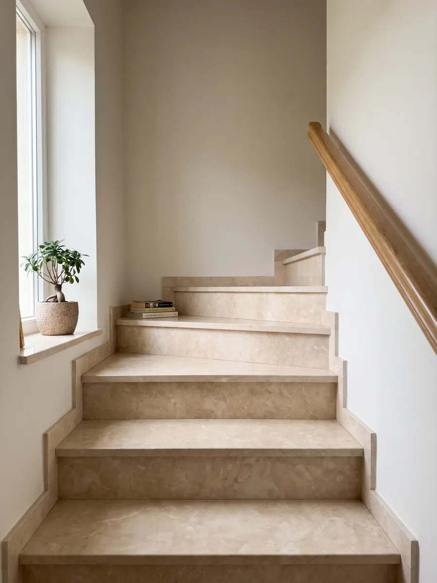 Escalera interior con peldaños de mármol beige Botticino con pasamanos: crema cálido casi uniforme con nubes suaves