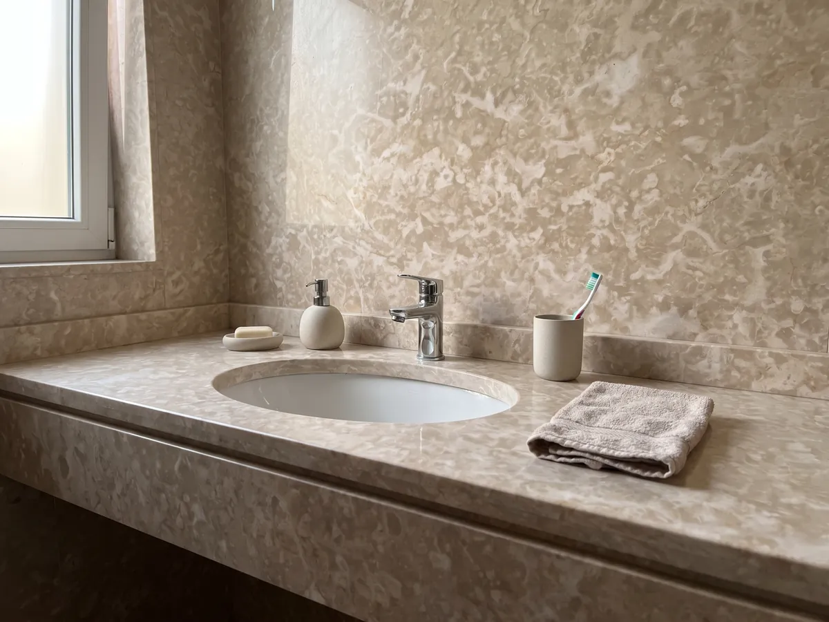 Cubierta de lavabo y pared de baño en mármol beige Botticino Fiorito con lavamanos blanco y grifería cromada: beige rosado con manchas claras irregulares tipo flor repartidas