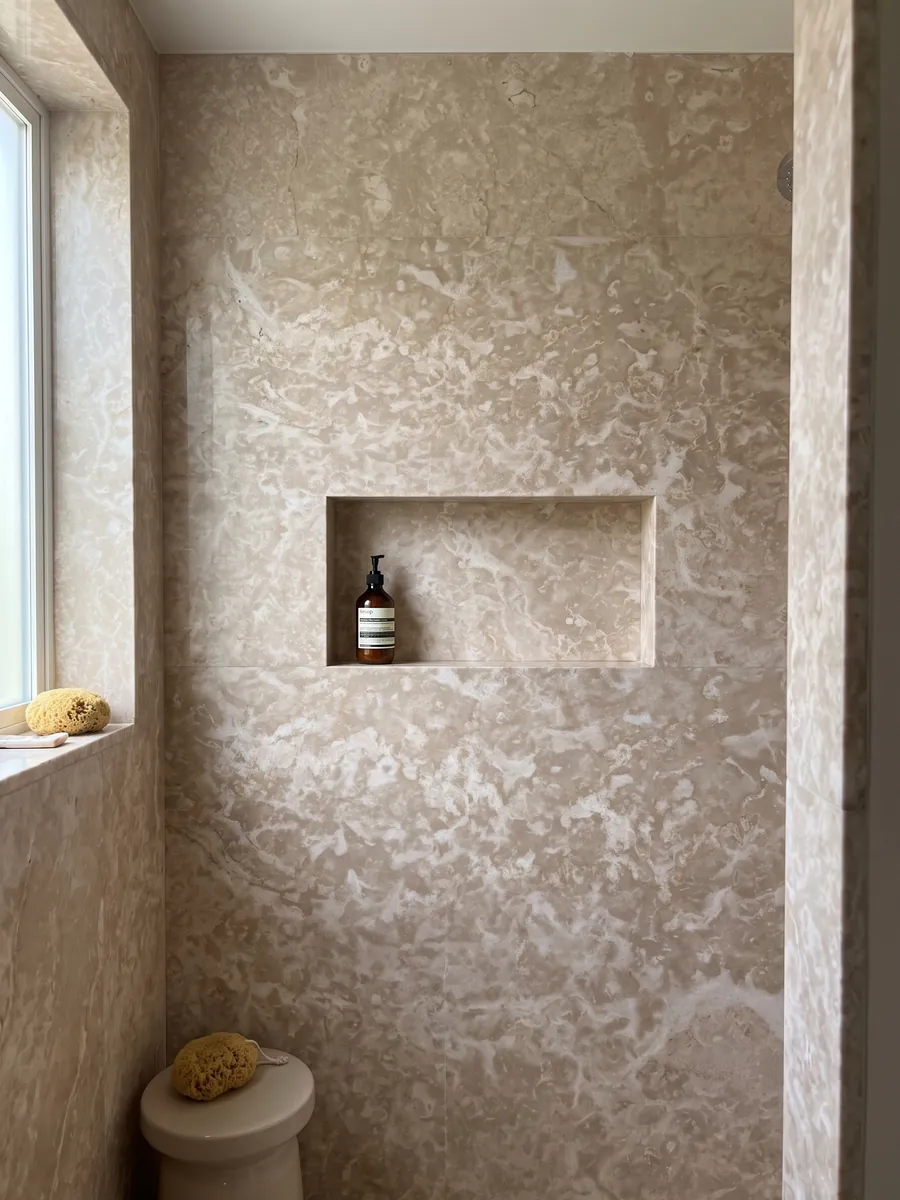 Ducha revestida con placas enteras de mármol beige Botticino Fiorito con nicho empotrado: beige rosado con manchas claras irregulares tipo flor repartidas