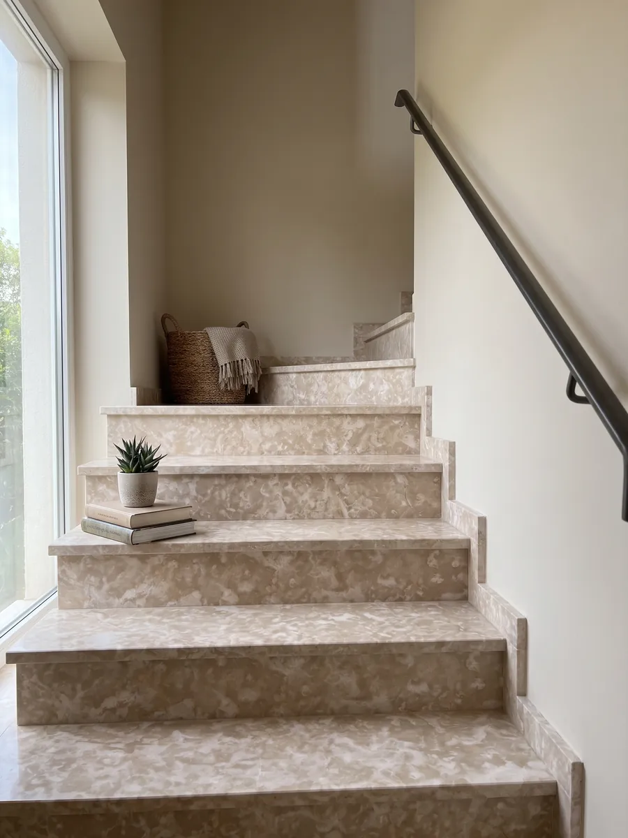Escalera interior con peldaños de mármol beige Botticino Fiorito con pasamanos: beige rosado con manchas claras irregulares tipo flor repartidas
