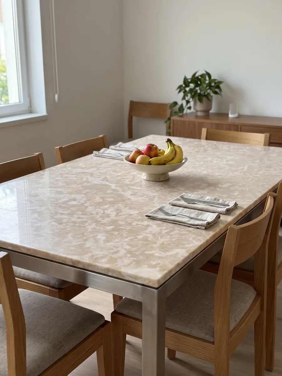 Mesa de comedor con cubierta de mármol beige Botticino Fiorito sobre base de acero: beige rosado con manchas claras irregulares tipo flor repartidas